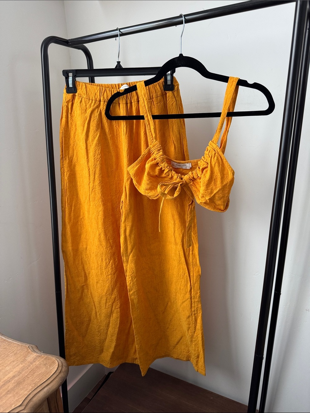 Sunflower Yellow top and wide leg pants set - Women's Elastic Waist Linen Blend
